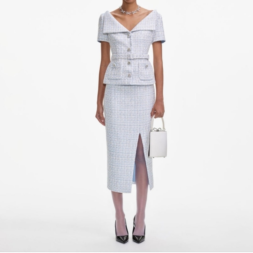 Self-Portrait Light Blue Tweed Midi Dress with Front Slit Boucle